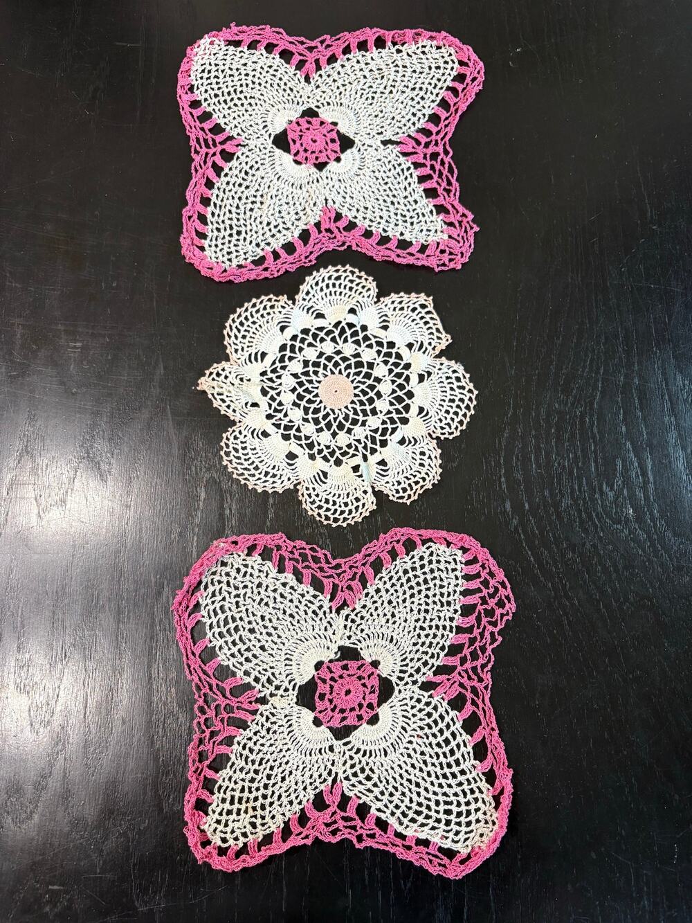 American Vintage- Cottage Doilies Assorted Lot of 3- Pink white- Shabby Chic